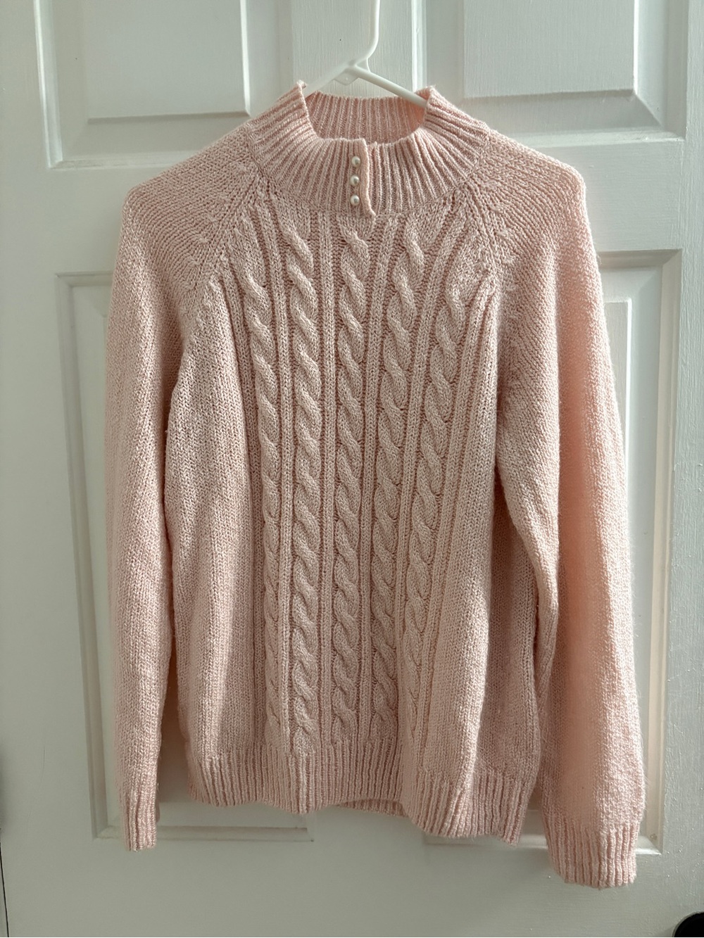 Karen Scott Pale Pink Cable Turtleneck Sweater with Pearl Buttons
